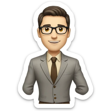 Pale skinned fit man with dark brown hair in gray jacket, beige office shirt, brown tie, brown pants and vintage glasses Writing on a marker board sticker