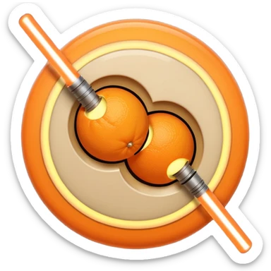 Two beige circles squished together , with a orange light saber  sticker