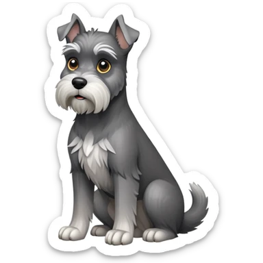 cinematic-[schnauzer]-realistic-full-body-sitting-emoji,-tail-resting-loosely-beside-its-paws,white eyes-head-tilted-dramatically, -sleek-[grey]-fur,-simplified-yet-realistic-focused-features,-highly-detailed,-glowing-with-an-almost-sarcastic-glow sticker