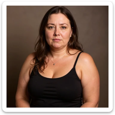 Hyperrealistic vertical portrait inspired by the reference photo: a woman with significant cellulite, visible face showing a desperate and tired expression, identical pose to the photo, extremely detailed skin with realistic texture, natural shadows, neutral background, vertical composition. sticker