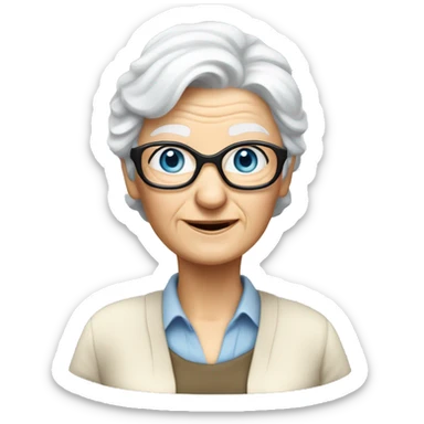 old white lady from ireland with blue-eyes, black-glasses white hair, and like biologist (like khaki short sleeve button down shirt and a khaki pants)  sticker