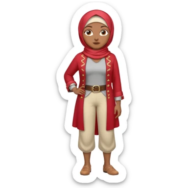 Heavy-set woman with medium-brown skin wearing a light red hijab, cream top, light red pants, tan shoes, and a visible gray pirate peg leg. Standing confidently with one hand on her hip sticker