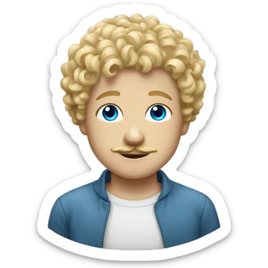 Blonde curly haired boy with blue eyes with mustache on sticker