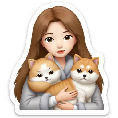 A Chinese fashion pretty girl with brown hair, wearing a light gray fur coat, hugging a Shiba Inu and a long-haired white Persian cat. sticker