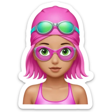pretty girl with green eyes pink swim cap holographic swimming glasses and cute profesional swimmer pink swimsuit without her hair visible sticker