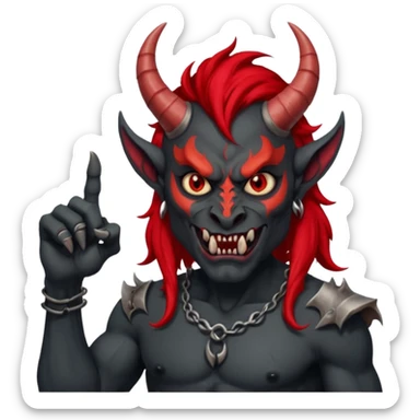 демон с чёрной как уголь кожей, красными клыками, двумя красными рогами торчащими у него изо лба, красной гривой и глазами показывает пальцем в нас sticker