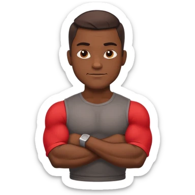 A confident, muscular cartoon male character with dark skin, crossed arms, smirking expression, bold, minimalistic lines, warm shadowing, stylized as an emoji icon. sticker