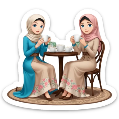 Turkish beautiful finish Konya girls blue eyes with Beautiful blossom floral hijab long tail dress and the two friends in a white lovely coffeehouse sits on the chair on the ground and holds cup coffe with her hand  sticker