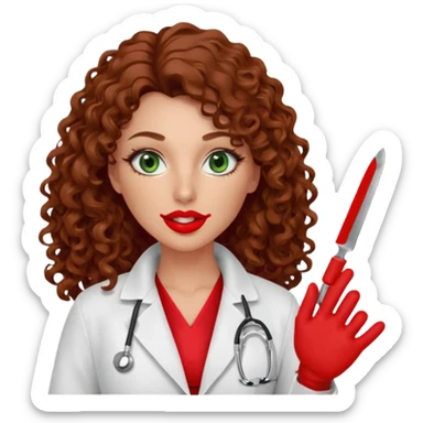 Lilith symbol sexy evil woman. She has green eyes.  had brown long curly hair.  evil surgeon kills with scalpel wears red sexy doctor coat with red mouth cover red gloves. Covers nose, neck  and mouth with Muslim red berka sticker