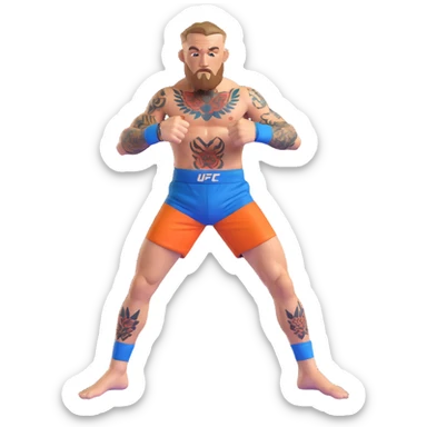 Conor McGregor in fighting stance with blue UFC shorts and detailed tattoos sticker