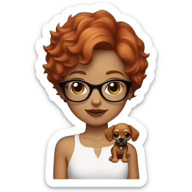 red-haired girl short hair and black glasses holding a Cavalier puppy sticker
