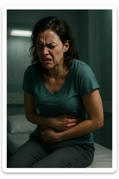realistic and cinematic illustration of a woman suffering from severe cramps and irritability due to premenstrual syndrome, painful expression, contracted posture, clinical atmosphere, dramatic lighting, realistic details, no text, vertical format 2:3 sticker