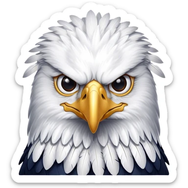 Cinematic Noble American Eagle Portrait Emoji, Poised and regal, with a powerful, broad build, a distinctive white-headed silhouette contrasting a dark, formidable body, and piercing, intense eyes, Simplified yet sharp and sophisticated features, highly detailed, glowing with a soft, majestic radiance, high shine, intelligent and commanding, stylized with an air of national pride, focused and vigilant, soft glowing outline, capturing the essence of a watchful and confident American eagle that appears ready to soar out of the screen with effortless authority! sticker
