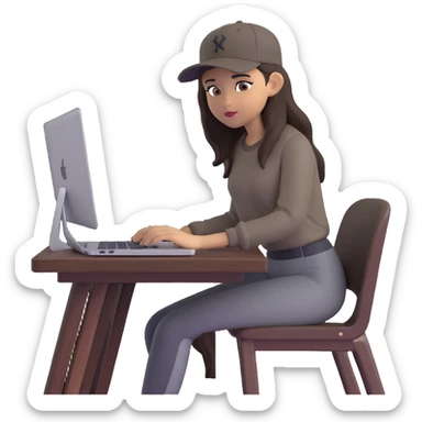 A professional 3D avatar of a young woman with olive skin and long, dark brown hair, wearing a dark, long-sleeved dark taupe shirt and a black baseball cap. She's sitting at a sleek wooden desk, typing on a silver MacBook. sticker