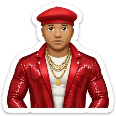 LL Cool J with red sequin jacket, shirtless with necklace sticker
