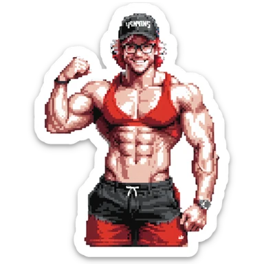 Thin man with defined muscles, black and white cap with VANOMAS text, bare torso, red shorts, clear glasses, messy light hair, flexing and smiling sticker