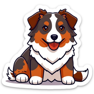 Red merle Australian Shepherd dog laying down, reddish-brown and white spotted coat, fluffy fur sticker