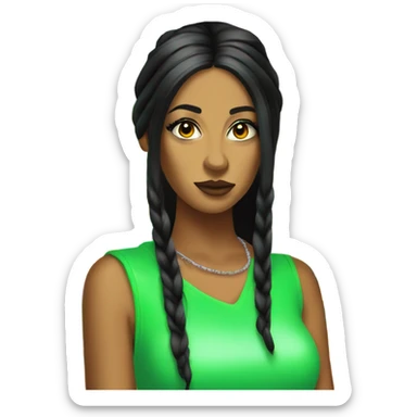 Tanned woman with long black hair, dressed in y2k hip hop hair, makeup, and neon attire sticker