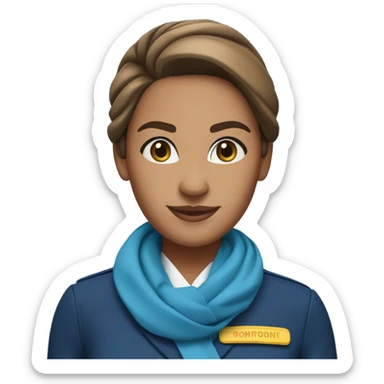 Brown tan skin flight attendant, brown hair in a bun, blue uniform, blue neck scarf sticker