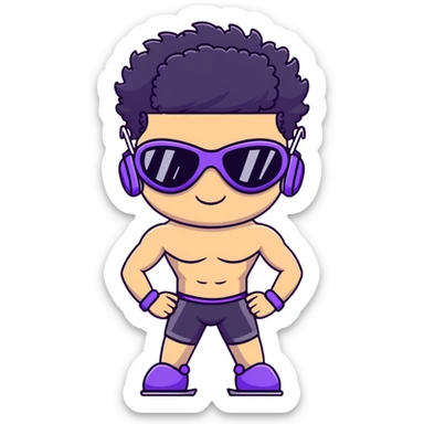shirtless male athlete with white skin and moderately curly black hair on top with shaved sides, wearing purple ski goggles with black tinted lenses, and a simple plain black chain necklace, no earrings sticker