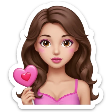 girl with long wavy brown hair, brown eyes, long lashes makeup, sexy pink lips, light to medium complexion, wearing a pink sexy top,, heart lillipop sticker