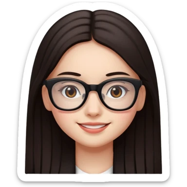 une ado, brune aux cheuveux tres fonces longs lisses blanche, ,lunettes carres noires, yeux bruns fonces joues rose sticker