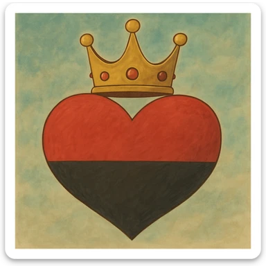 Make the heart's red and black split horizontal (top half red, bottom half black), keep the queen's crown and Ghibli style sticker
