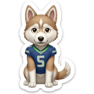 White  brown husky with Seattle Seahawks gear sticker