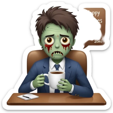 A cute but exhausted office worker character looking like a zombie, holding a giant cup of coffee, dark circles under eyes, messy hair, flat 2D vector art, white background, "Monday Vibes" text. sticker