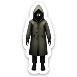 An icon representing a horror game, inspired by Silent Hill 2. The design features a foggy, eerie street with a shadowy figure in the distance. Creepy, dim lighting and dark, abandoned buildings set the tense atmosphere. Transparent background enhances the unsettling mood. sticker