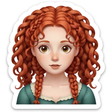 lady with Soft, round face, rosy cheeks, wide expressive eyes, Curly red hair, often styled in intricate braids or ringlets, Fair skin, freckles, sticker