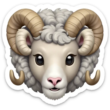 Cinematic Cute Ram Portrait Emoji, Head tilted playfully and inquisitively, featuring a dense, woolly grey fur with charming curled horns, round, sparkling dark eyes filled with curiosity, Simplified yet irresistibly adorable features, highly detailed, glowing with a warm, friendly glow, high shine, affectionate and spirited, stylized with a touch of rugged whimsy, bright and endearing, soft glowing outline, capturing the essence of a mischievous yet loving ram, so playful it feels like it could butt its way out of the screen and into your arms! sticker