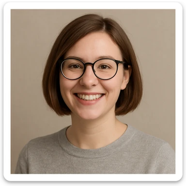 white female with brown bobbed hair, smiling, wearing glasses, neutral background, upper body portrait sticker