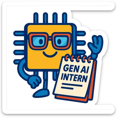 smiling AI chip with glasses and a notepad, representing a Gen AI intern, vibrant cartoon style sticker