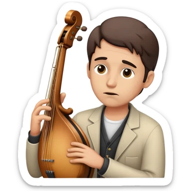 sad musician looking up with a thoughtful expression, holding an instrument sticker