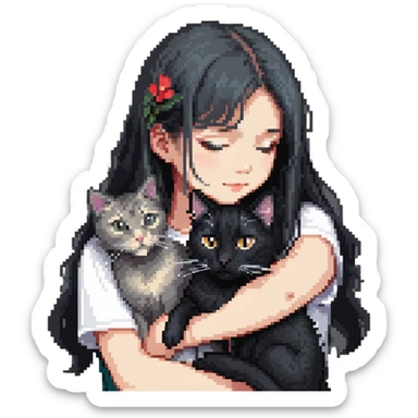 Beautiful girl with long black hair hugs a gray and blond mixed breed cat sticker