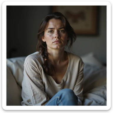 hyperrealistic 4K image of a woman with PCOS sitting with a curved posture and tired face, dull eyes, dark circles, acne, facial hair, thinning hair, simple clothing, realistic home environment sticker