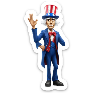Uncle Sam with pitiful eyes holds a sign at full height waist photorealistic serious sticker
