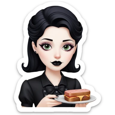 goth waitress at paris serving spam at cafe sticker