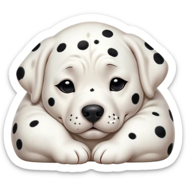 Cinematic Chubby Sleeping Dalmatian Portrait Emoji, Chubby and serene, with a round, plump build and a glossy white coat adorned with distinctive black spots, eyes gently closed in peaceful slumber, Simplified yet irresistibly endearing features, highly detailed, glowing with a gentle, dreamy glow, high shine, relaxed and content, stylized with a touch of whimsy, bright and heartwarming, soft glowing outline, capturing the essence of a blissfully sleepy companion, so comically serene it feels like it could roll out of the screen and snore with adorable charm! sticker