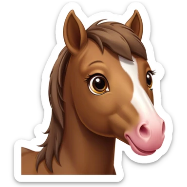 Cinematic Comical Brown Welsh Pony Portrait Emoji, Head tilted dramatically with an exaggeratedly amused expression, featuring a robust, glossy brown color, wide, comically expressive eyes full of playful disbelief, and a subtly animated, perky head, Simplified yet hilariously expressive features, highly detailed, glowing with a slightly sassy earthy glow, high shine, dramatic yet playful, stylized with an air of cheeky equine mischief, soft glowing outline, capturing the essence of a meme-worthy brown Welsh pony that looks ready to trot its way into viral fame! sticker