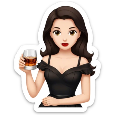 Beautiful woman in 1950’s woman fashion look, black dress, long dark brown hair, whisky with ice sticker