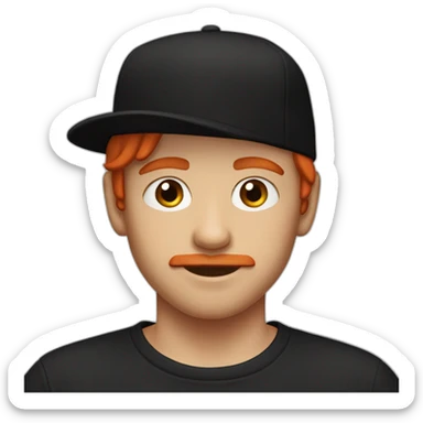 red head boy with red mustache, wearing a backwards cap, bron eyes arab eyebrows and black tshirt sticker