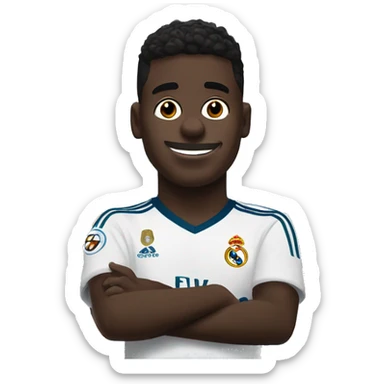 Create a crying Vinicius emoji in Real Madrid gear next to the Santiago Bernabéu stadium sticker