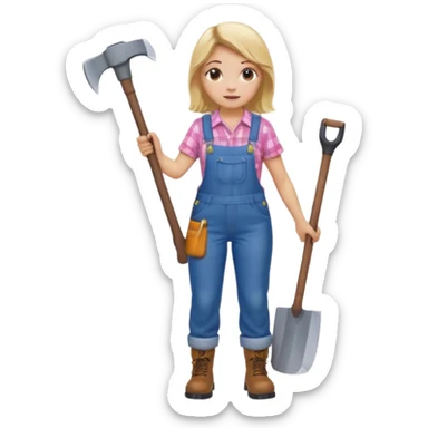 lumberjack blonde woman holding axe pink checked shirt and overalls sticker