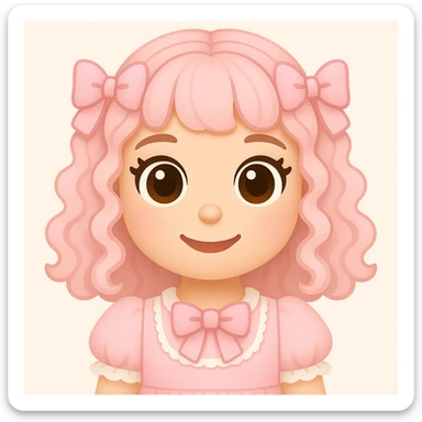 Create a cute soft pink emoji of a girl with curly pastel pink hair, big brown eyes, pink bows, and a frilly dress. The style should match the look of the reference image provided. sticker