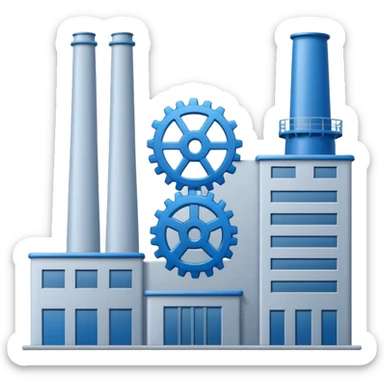 "A minimalist vector icon of a modern manufacturing factory building with a gear symbol above it. Blue and grey color scheme, flat design, white background, simple thick lines, professional business logo style." sticker