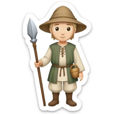 Full body of medieval peasant commoner in simple cloth clothing and hat sticker