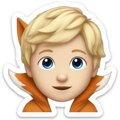 Baby boy with blond hair and blue eyes and a fox plush sticker