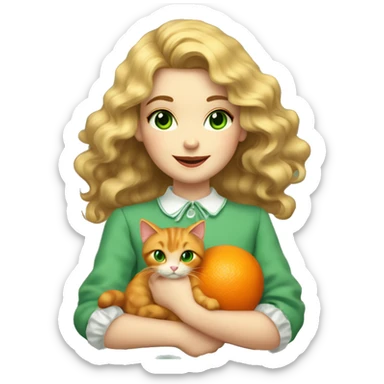A girl with dark long blonde wavy hair and big green eyes, big lips and smiling, holding an orange cat and both of them are wearing vintage french clothes sticker